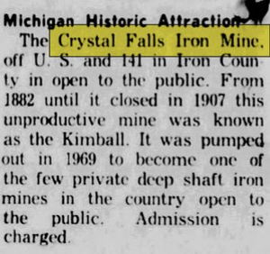 Crystal Falls Iron Mine - Nov 1971 Ad (newer photo)